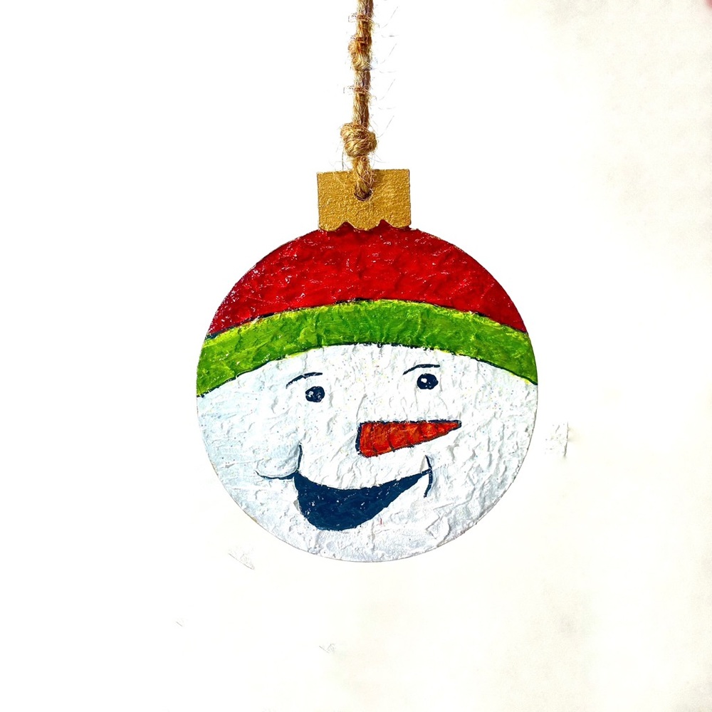 ORIGINAL Hand Painted Textured Snowman Art Glitter Round Wood Christmas Ornament